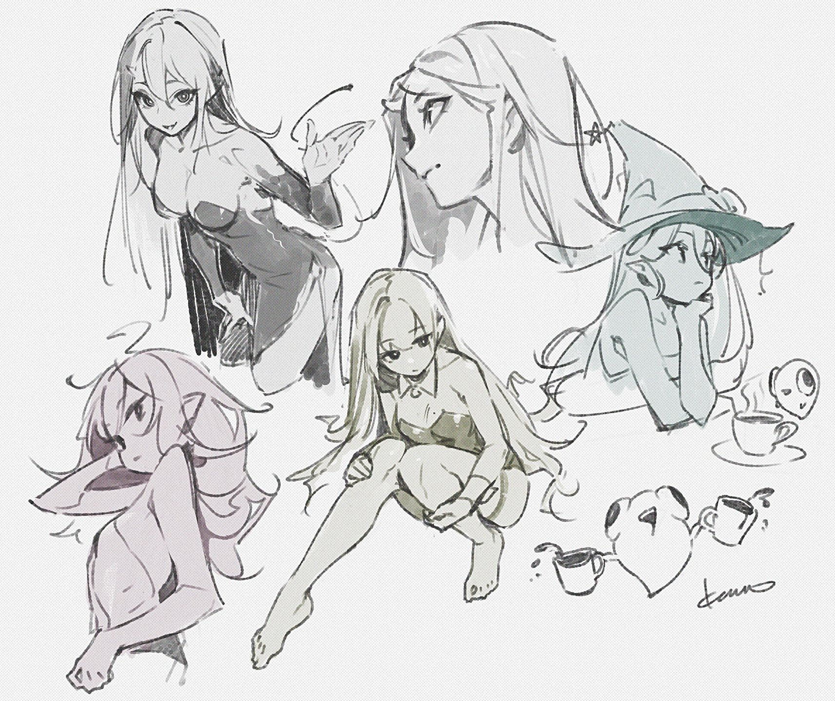 the image is a collection of animestyle sketches featuring various depictions of a woman or girl, likely an elf or witch, with long hair in different poses and settings. there are also drawings of cups and abstract shapes.