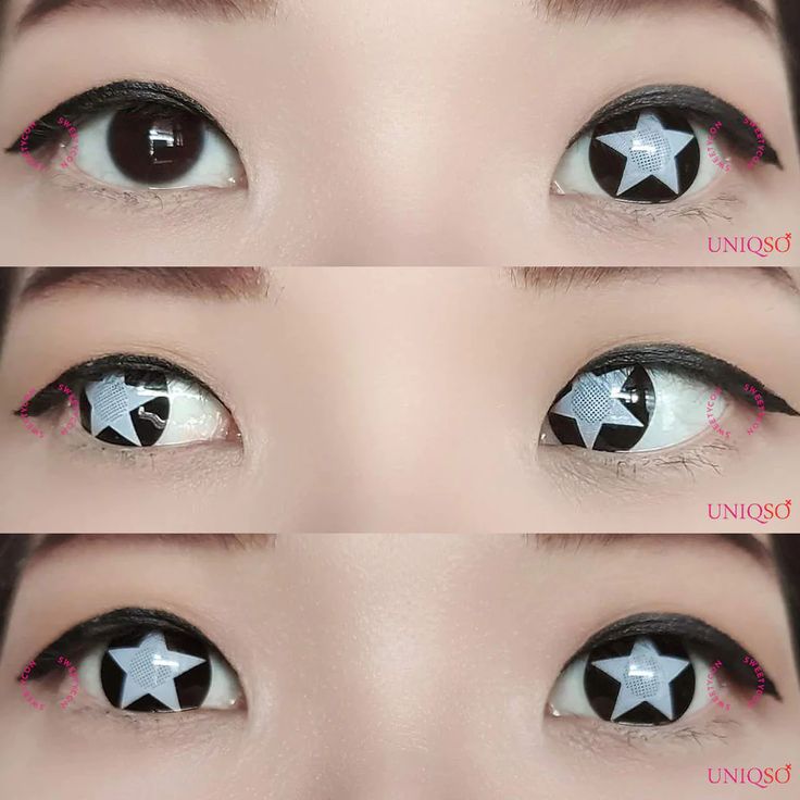 this image shows closeup photos of a person wearing a black and white star design contact lens, with the white star centered on the pupil. the photos show the contact lens from different angles and in different lighting.  the photos show the contact lens in both eyes, allowing viewers to see the effect of the lens on the eye color.  the photos also show the contact lens in different lighting conditions. the photos show the contact lens in both eyes, and with the eye looking straight ahead and looking to the side.