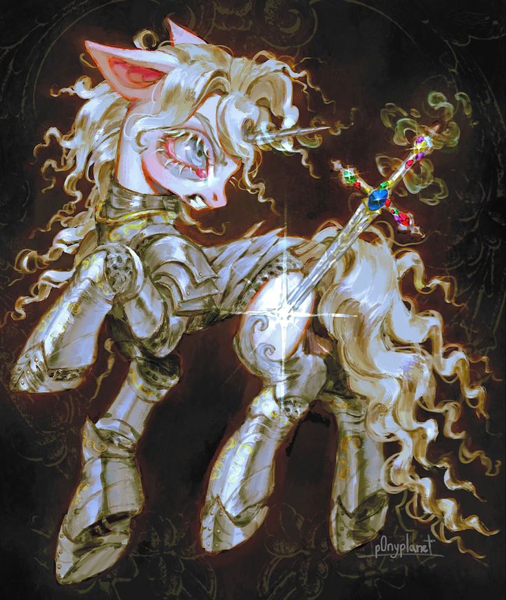the image is a digital painting of a white unicorn pony dressed in shining, ornate silver armor.  the pony has long, flowing blonde hair and a fierce expression. it holds a jewelencrusted sword, which is positioned dramatically across its body. the background is dark and features intricate floral designs, adding to the fantastical and majestic feel. the style is highly detailed and evokes a sense of power and elegance.  the overall color palette is a mix of golds, whites, and dark browns and blacks. the artist's signature is subtly placed in the bottom right corner.