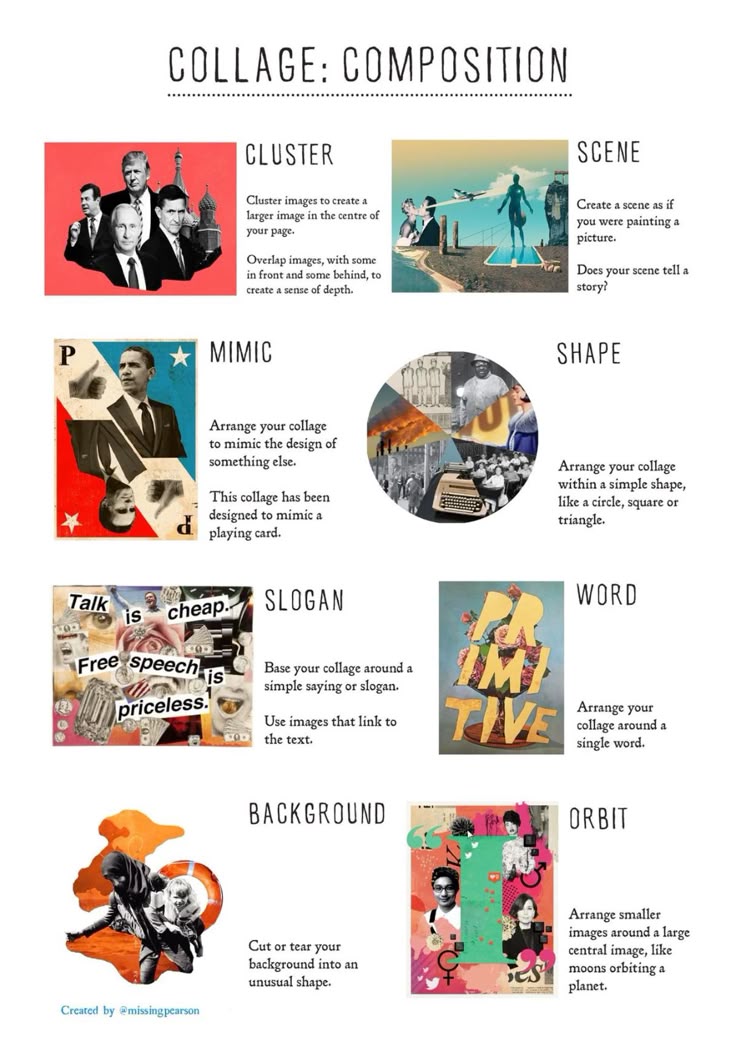 the image presents a guide to different techniques for creating collages, focusing on composition. it features examples of collages demonstrating methods like clustering images, creating scenes, mimicking designs, forming shapes, using slogans, centering around a word, altering backgrounds, and arranging images in an orbital pattern. each technique is accompanied by a descriptive title and a brief explanation.