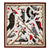 loseup view of a square framed painting or artwork depicting several stylized woodpeckers perched on branches amidst red berries. the background is predominantly white, and the birds are rendered in a somewhat abstract manner with dark and light gray/black tones, creating a textured and intricate pattern. the style is reminiscent of folk art or possibly a more modern interpretation of a nature scene. the red berries provide a pop of color against the mostly neutral tones.  the frame is a simple, dark reddishbrown.