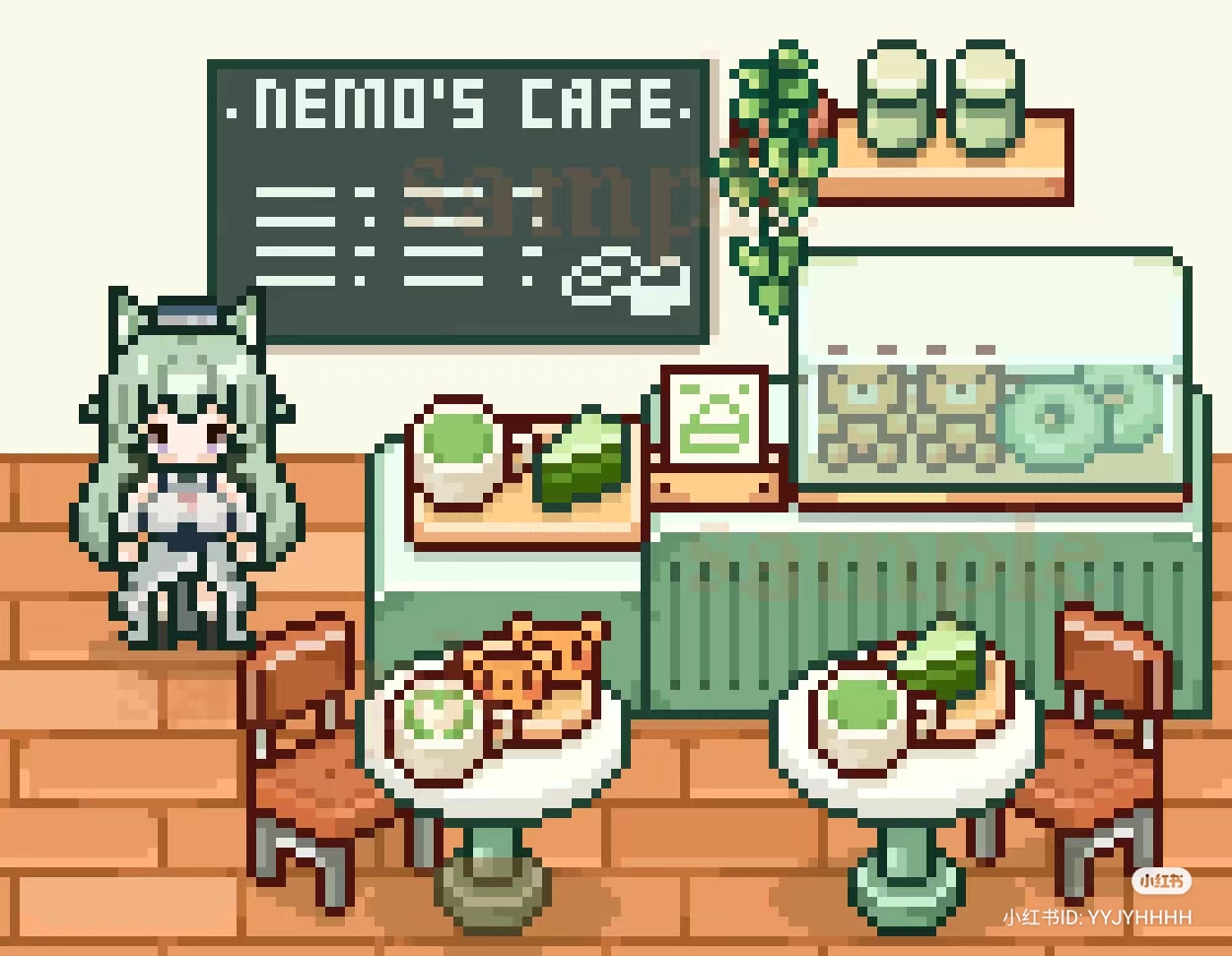 this is a pixel art image of a cafe interior. a sign above the counter says "nemo's cafe". there's a girl in anime style standing on the left. on the right is a counter with pastry display. there are two small cafe tables with food and drinks on them. the overall color palette is pastel green.