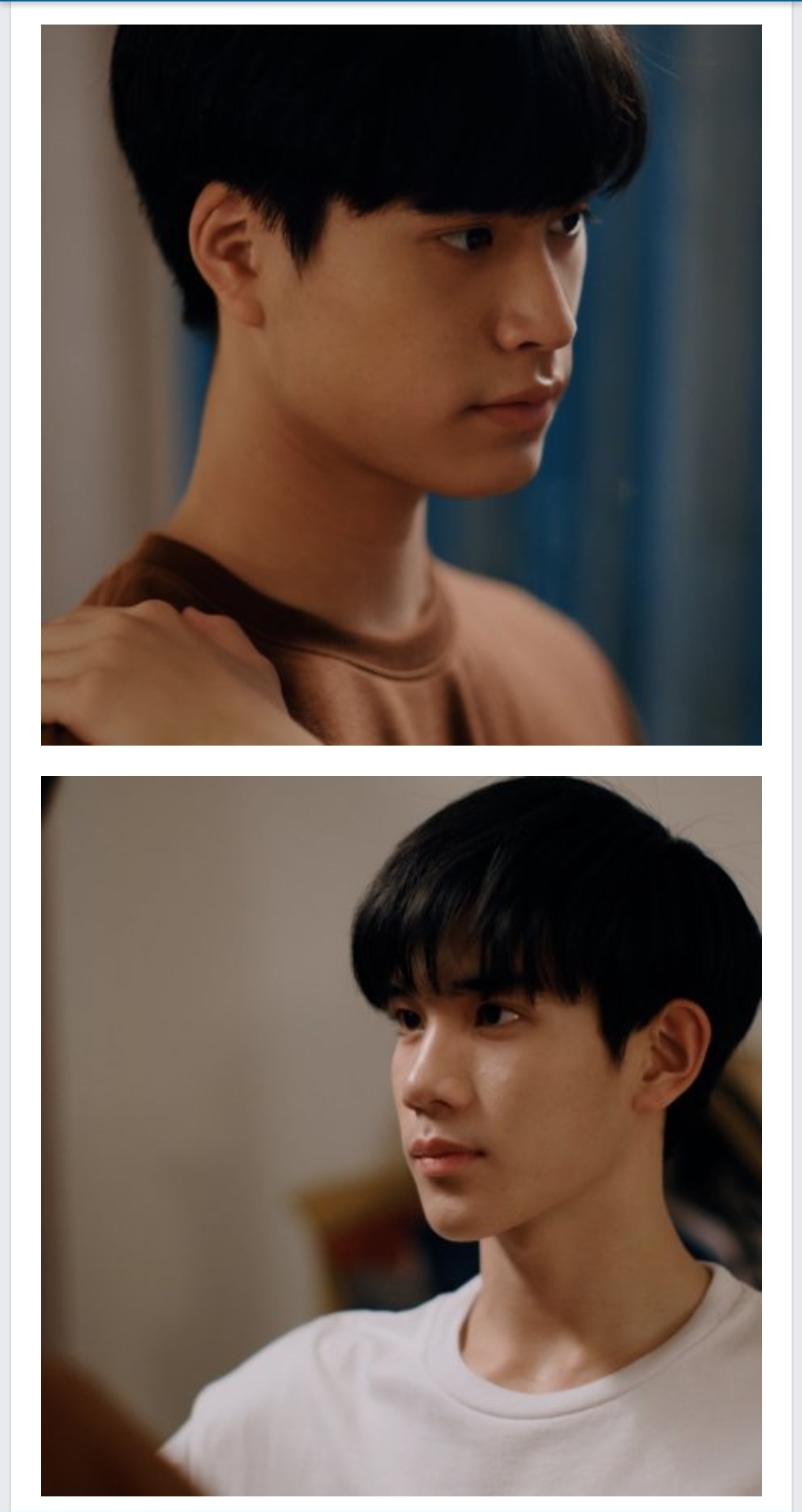 the image is a collage of two photos.  both photos feature the same young asian man from the shoulders up, looking slightly to his right with a serious expression. the top photo features him in a brown shirt, and the bottom in a white shirt. the photos are welllit with warm lighting and a shallow depth of field.