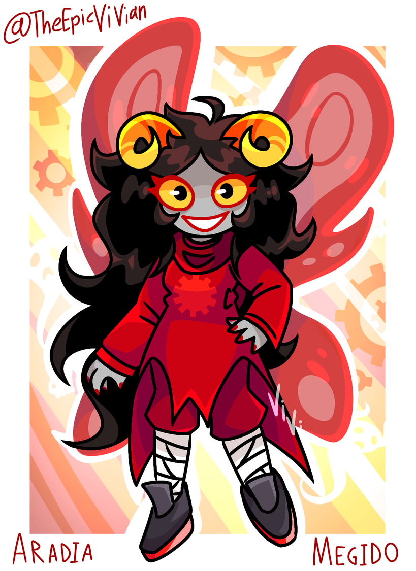 a cartoon drawing of aradia megido from homestuck. she has grey skin, black hair, yellow spiral horns, and red glasses. she is wearing a red dress with a gear symbol on the chest. behind her are red wings, and the background is decorated with gears. the artist's signature is "@theepicvivian" and the character's name "aradia megido" is written at the bottom.