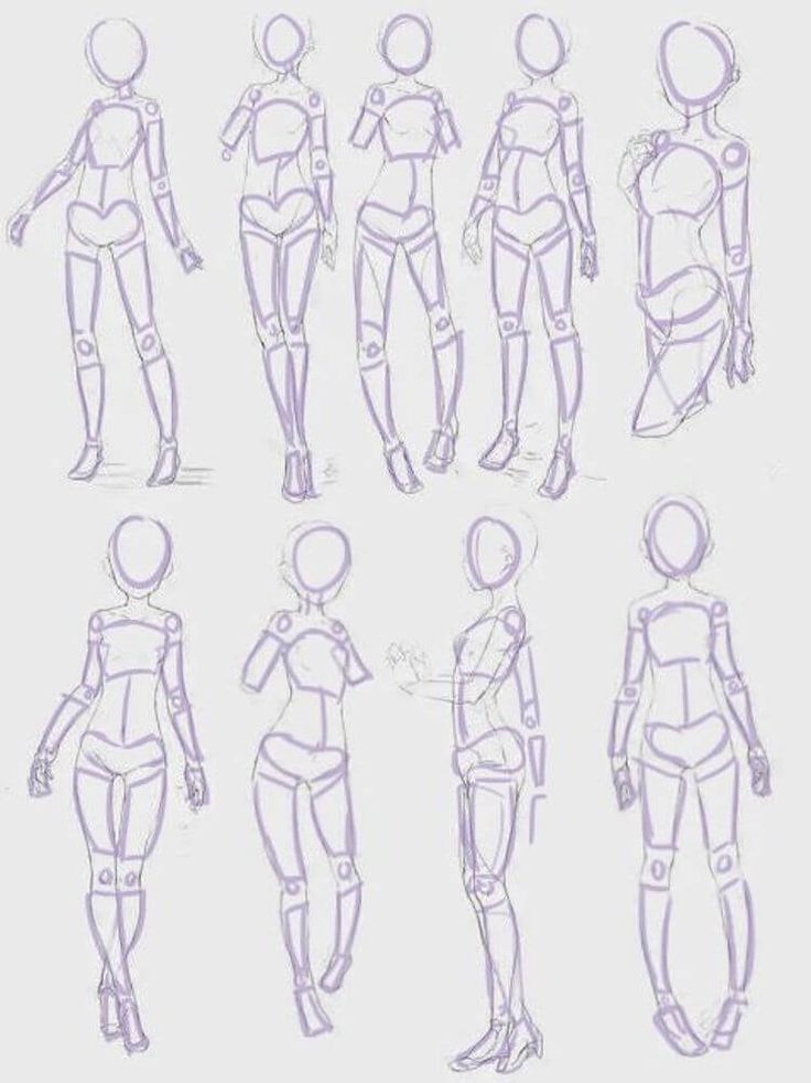 the image is a drawing reference for figure drawing. it shows a female figure in various poses from different angles. the style is reminiscent of anime and manga. the drawing utilizes simplified shapes and lines to depict the human form, serving as a guide for artists to understand proportions and structure.