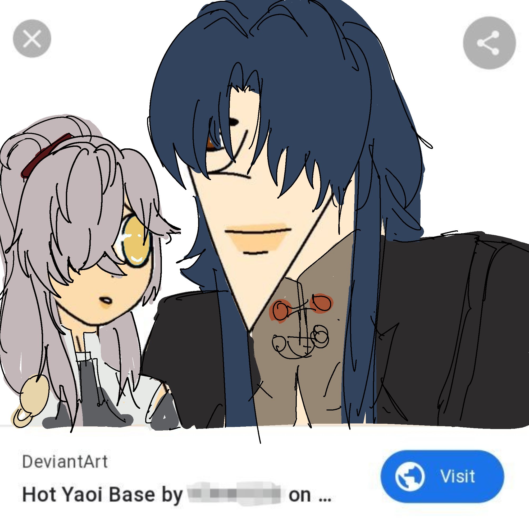 the image is a digital illustration of a boy and girl anime character.  the boy is wearing a black suit and a beige shirt with a red design. he has blue hair and is smiling slyly. the girl is wearing a white dress and a black jacket. she is wearing a light purple wig and has yellow eyes. the image is styled as a yaoi couple and is labeled as a yaoi base on deviantart.