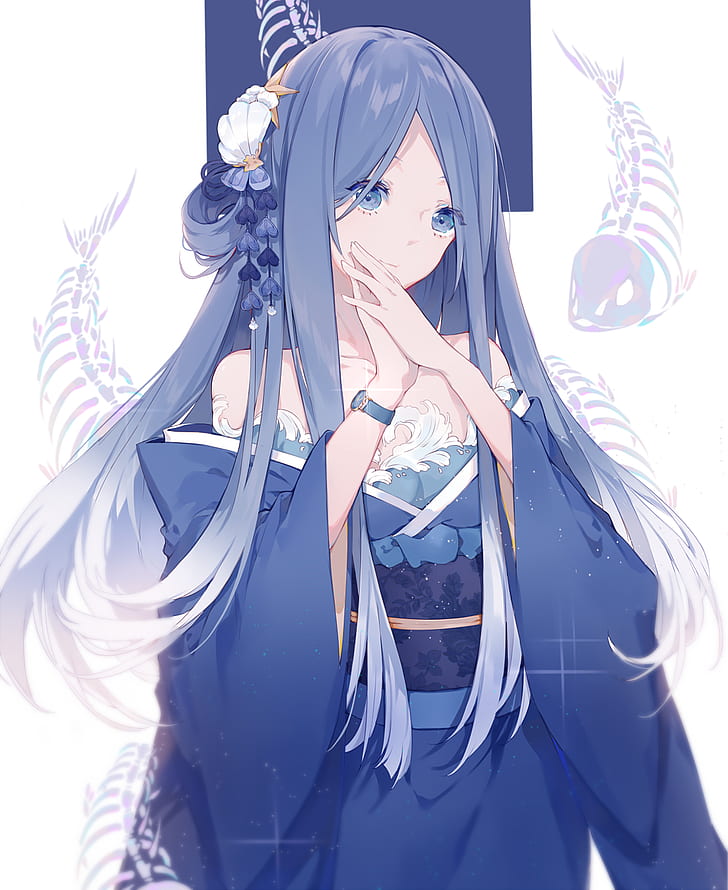 the image is a digital illustration of a beautiful anime girl with long, flowing blue hair. she is dressed in a light blue kimono adorned with darker blue patterns, giving it a waterlike effect. the kimono appears to be of a traditional japanese style.  her hair is accessorized with a delicate white and blue floral ornament.  she has soft, expressive blue eyes and her hands are gently clasped in front of her. the background features translucent, skeletal fish, adding a mystical and oceanlike atmosphere to the scene. the overall style is soft, pastel, and elegant. the artwork is highly detailed, with a focus on soft shading and subtle highlights that bring the character to life.