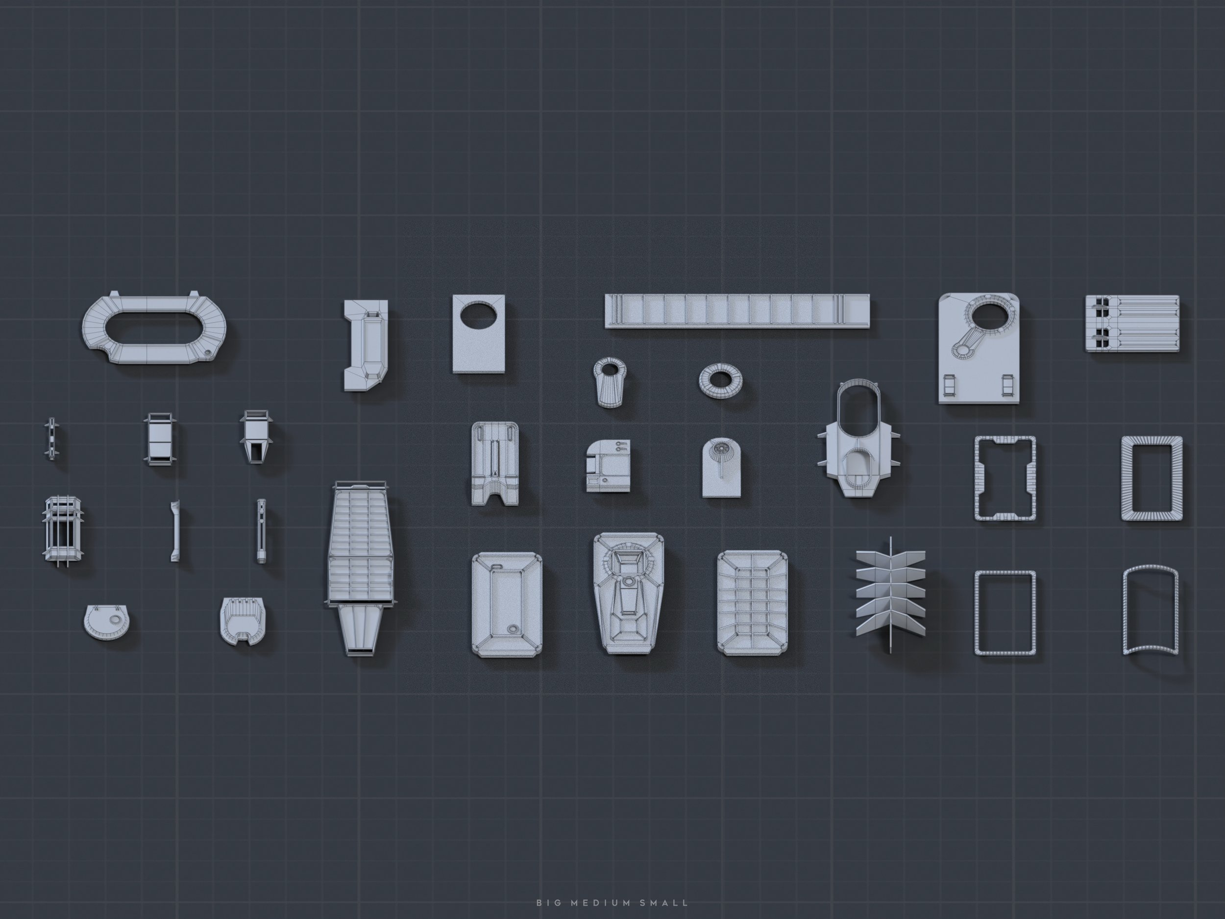 the image displays a detailed blueprint or technical drawing of numerous individual parts, seemingly intended for assembly into a larger, possibly modular, structure. the parts are depicted in light grey on a dark grey gridded background, reminiscent of a cad or engineering design program. the parts vary significantly in size and shape, ranging from small connectors to larger, more complex components.  the variety suggests the possibility of creating various configurations from these individual parts.  the caption "big medium small" at the bottom suggests that these parts are available in different scales. the overall aesthetic is clean, technical, and precise, typical of a mechanical or industrial design schematic.