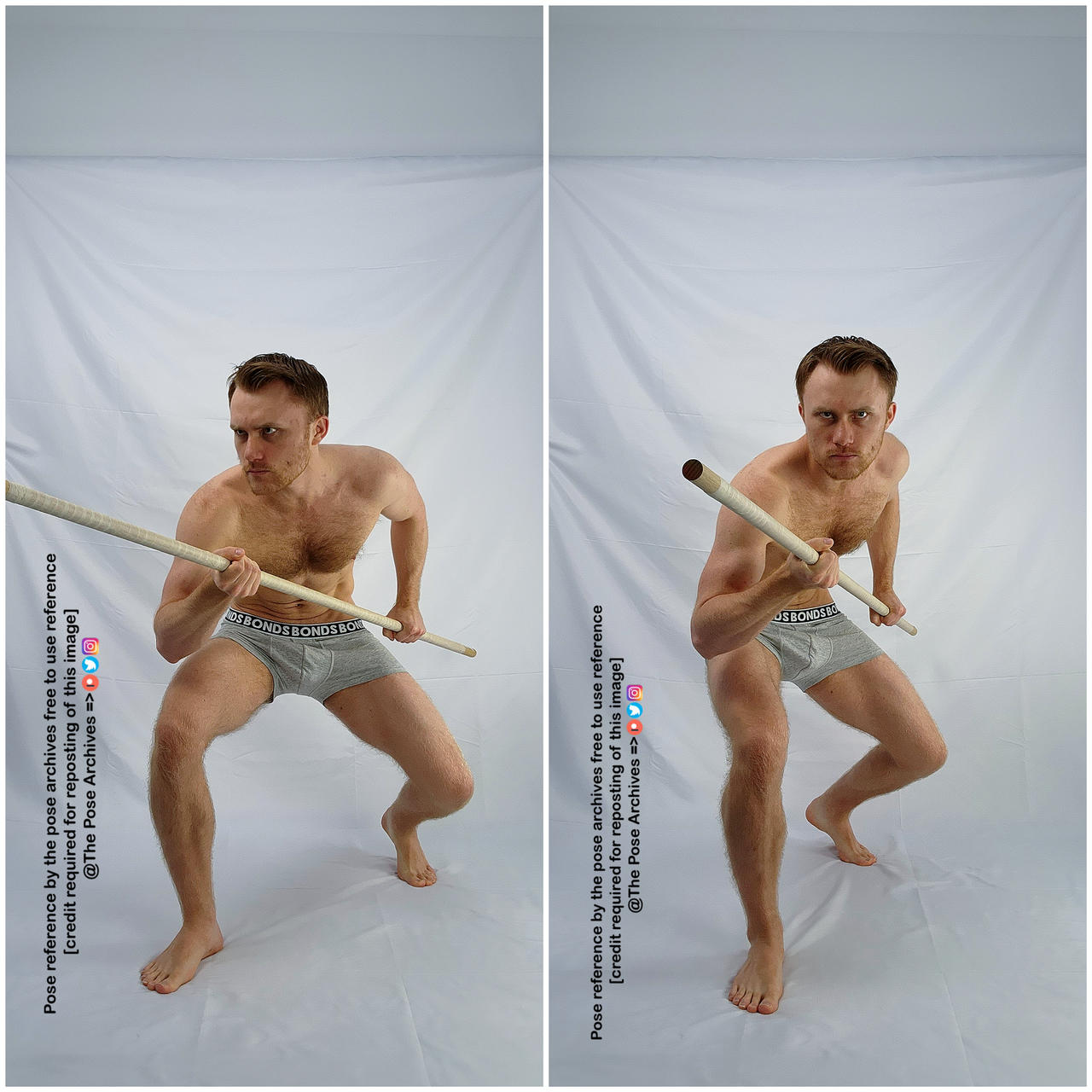 a man in his underwear is holding a staff and posing for a photo shoot. he is in two different action poses in front of a white background.