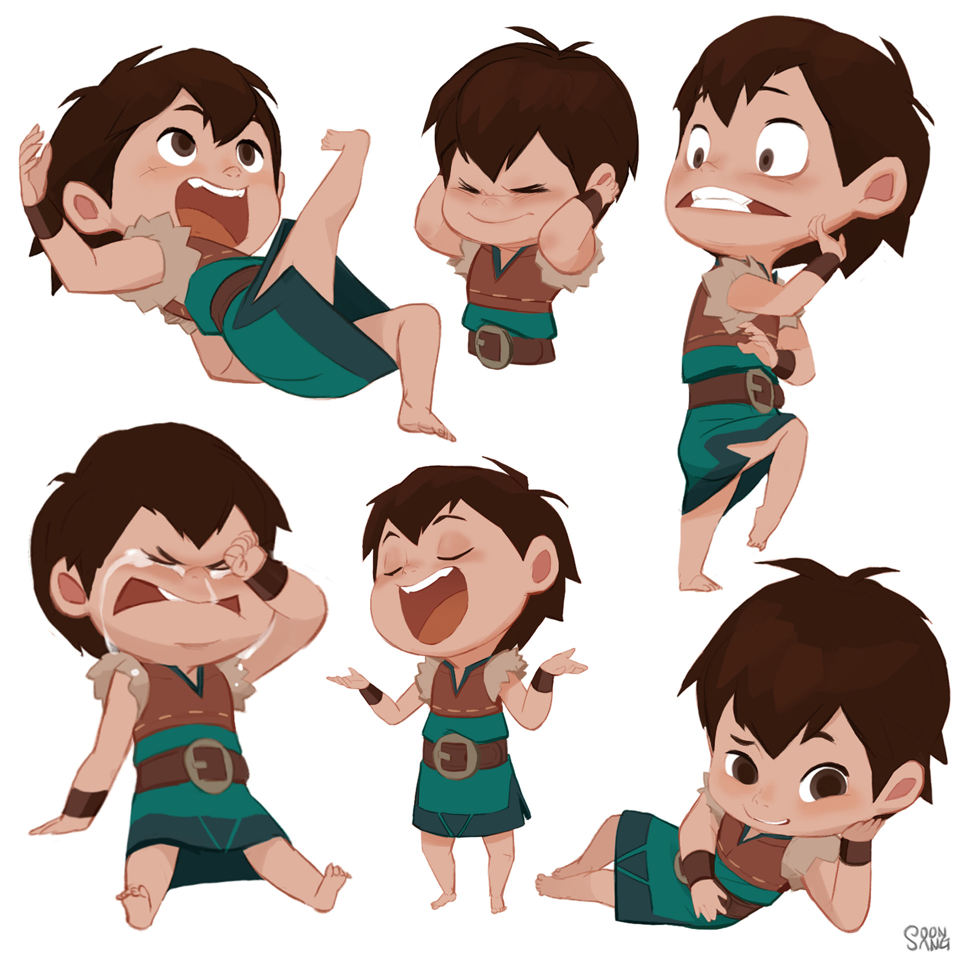 the image showcases a collection of expressive character poses featuring a young boy. he is dressed in a simple green tunic with brown accents, suggesting a historical or fantasy setting. his hair is short and dark, and his large eyes dominate his facial expressions, which range from joy and excitement to sadness and anger. the poses are dynamic and lively, capturing the energy and emotions of childhood.