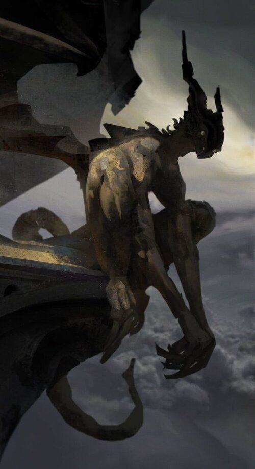 a stylized image depicts a gargoylelike creature perched on a stone structure against a cloudy sky. the creature has a humanoid form with large claws, a long tail, and wings. its features are demonic, and it's hunched over, giving it an ominous presence. the overall tone is dark and gothic, reminiscent of traditional gargoyle imagery.