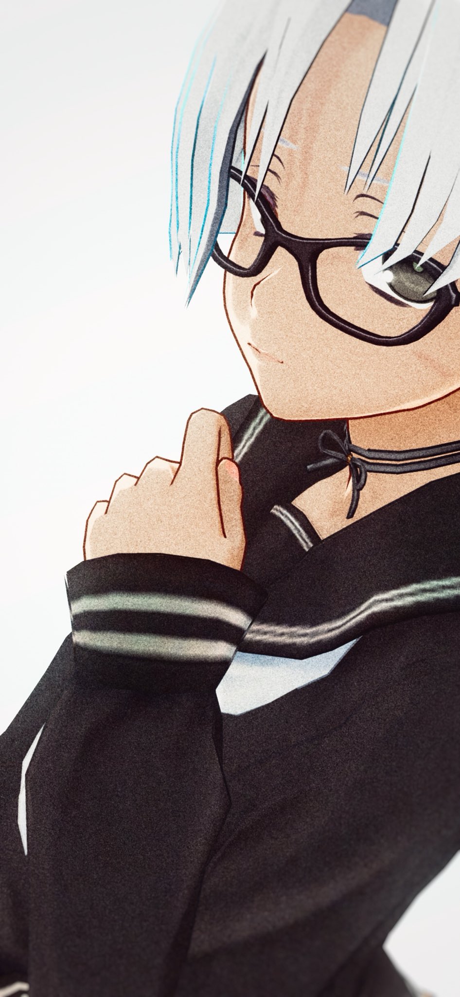 a closeup illustration of an anime girl with white hair and glasses. she's wearing a sailor uniform with a choker and has her finger on her lips as if she's thinking or hushing someone. the art style has a slightly grainy, painted effect.