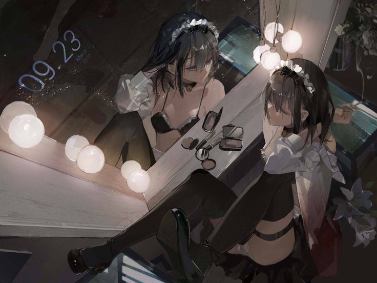 the image is a digital painting or illustration depicting two anime girls in maid outfits. one girl is seated at a vanity table applying makeup, reflected in a mirror. the reflection of the girl is visible. the other girl is seated beside the vanity table also in a maid outfit looking rather sad.  the setting is dark and moody, lit by soft white bulbs around the mirror. the overall atmosphere is melancholic and slightly mysterious. the style is artistic and detailed, showcasing a blend of dark and light tones. a digital clock in the background reads 09:23.
