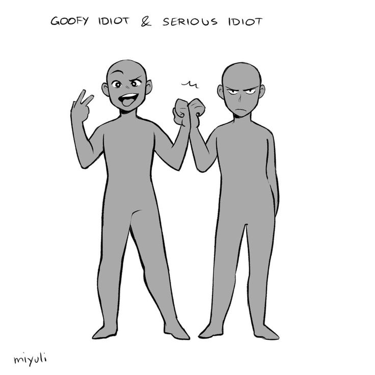 this is a grayscale sketch of a drawing base with two characters. the character on the left is in a goofy pose, while the character on the right is in a serious pose.  the title reads "goofy idiot & serious idiot" suggesting that these are meant to be opposites.  a hand drawn title at the bottom reads "miyuii".  the lines are a bit thicker than usual, suggesting this may be a digital illustration.