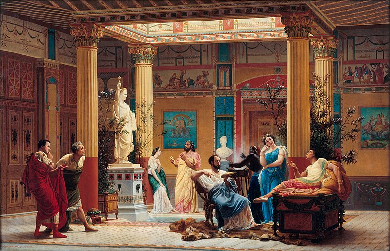 a painting depicting a scene within a lavishly decorated roman courtyard. several people are present, some reclining on ornate furniture, while others stand or walk. there are columns and statues, and the walls are adorned with frescoes and murals. the scene conveys a sense of leisure, luxury, and historical significance. a group of people in red and grey togas are observing the rest of the scene from the left.