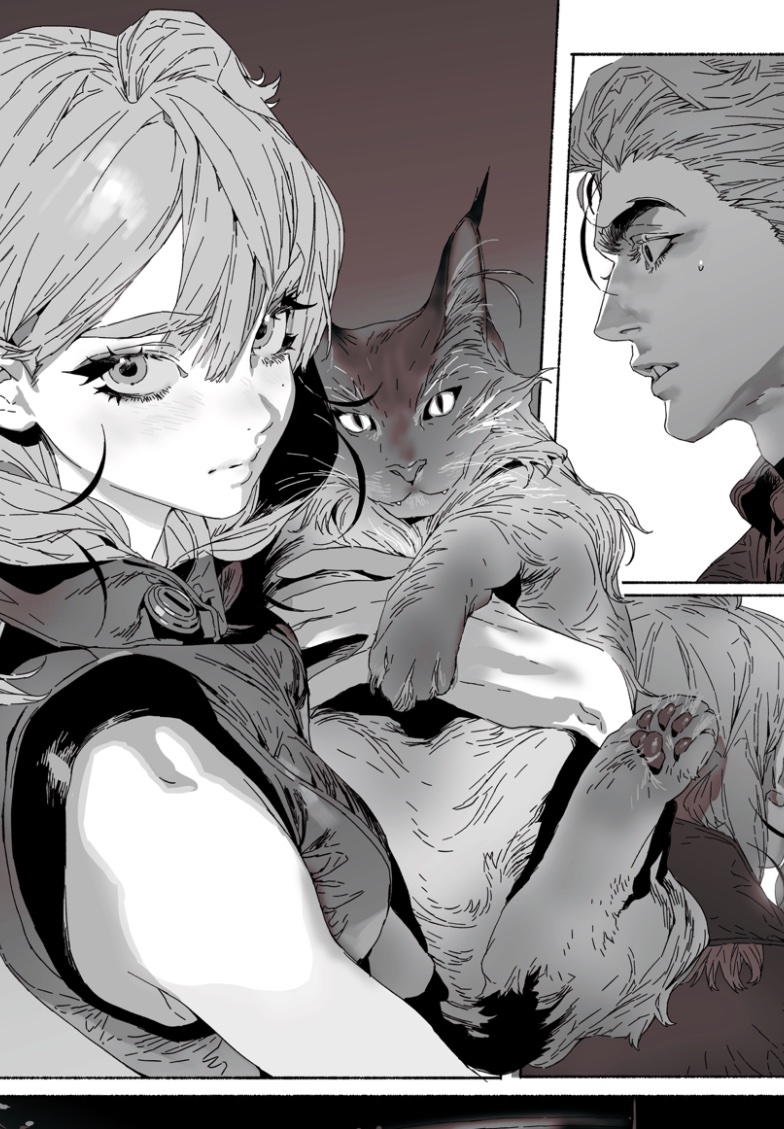 a grayscale comic panel featuring a woman holding a lynxlike cat, with a man in the background. the woman is looking to the left with a thoughtful expression, while the lynx stares forward intensely. the man in the background seems to be speaking, though his exact expression is unclear. the art style is detailed, with strong line work and shading.