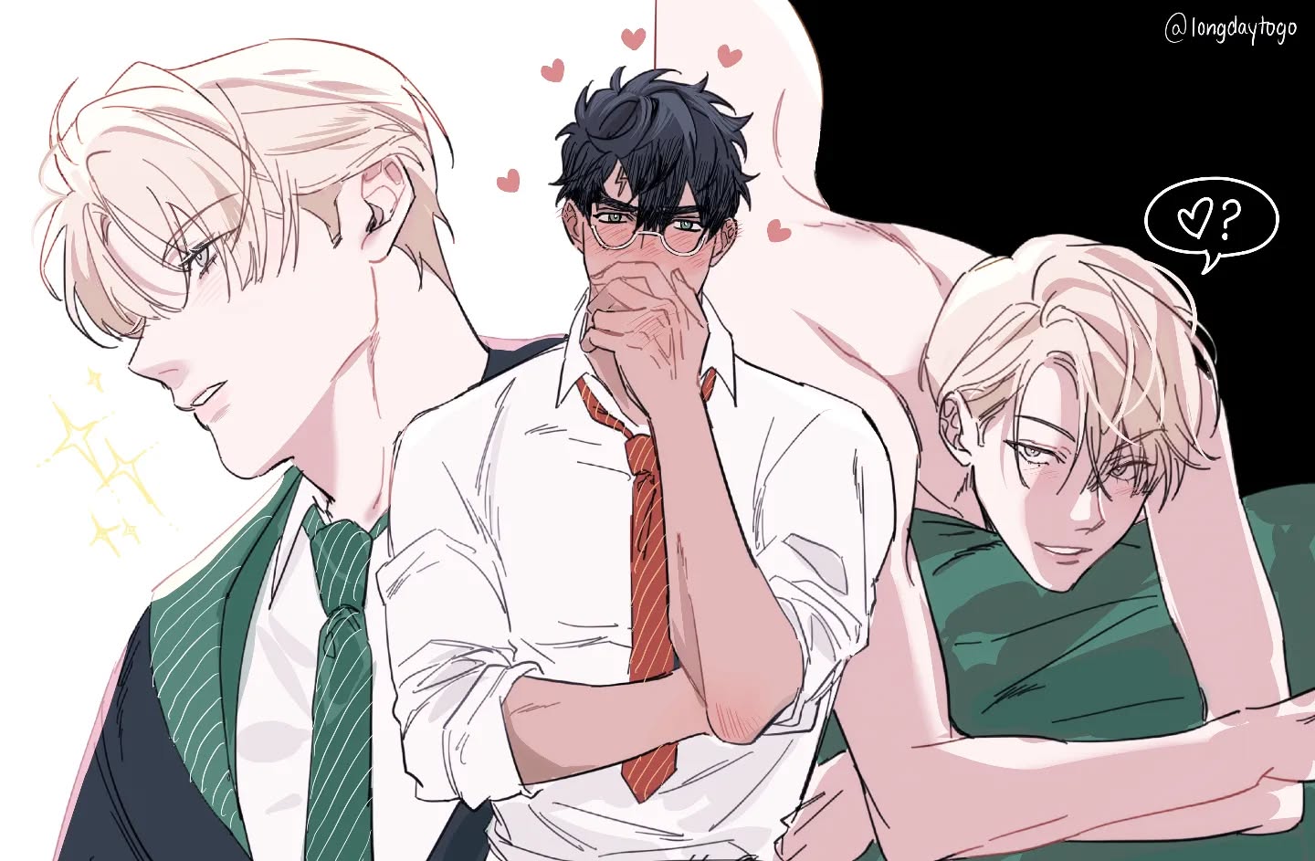the image is a piece of fanart depicting three characters in a style reminiscent of anime or manga. the central figure is a darkhaired young man with glasses, possibly inspired by a character similar to harry potter, dressed in a white shirt and red tie.  he's subtly shown to be blushing and has a hand to his mouth, suggesting shyness or flirtation. on either side are blondehaired young men (potentially inspired by draco malfoy), one is partially seen in a slytherinesque uniform, looking to the side.  the other blonde is resting his head on the back of the central character's neck in a position that implies closeness.  the style is soft and romantic, with hearts floating around the central figure. the overall impression is one of a tender and affectionate interaction between the characters, possibly suggestive of romantic interest. the art style is clean and expressive, with a focus on capturing the emotions and subtle movements of the characters.