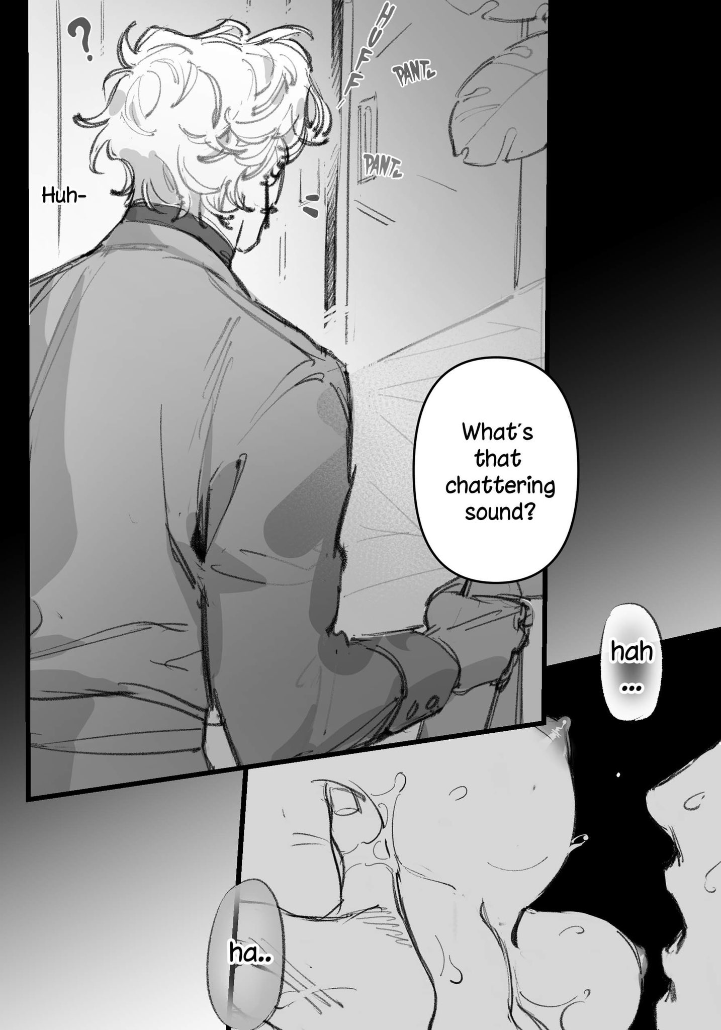 a manga panel shows a white haired man with a shadowed face and a surprised look in his eyes. he is talking to someone off panel, but there is a shadowy figure in the other panel. the man is wearing a dark jacket. the word "huh" is above him, while the word "pant" can be seen in the background. there are several speech bubbles in the frame, one of which says "what's that chattering sound?".  in the other panel, there is a hand reaching out from the shadow, with the word "hah" in a speech bubble.  the other panel is mostly shadowed.