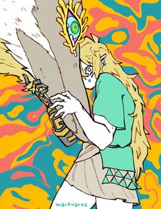 this is a stylized drawing of link and wolf link from the legend of zelda: breath of the wild video game. link is depicted in a psychedeliccolored, swirly background, hugging wolf link tightly.  link is facing towards the viewer while wolf link's head is turned in profile. link is wearing a teal tunic, white undershirt, and beige shorts with triangular designs. wolf link is white with gold accents around his eyes and head. the image is signed with the username "waifuzets."