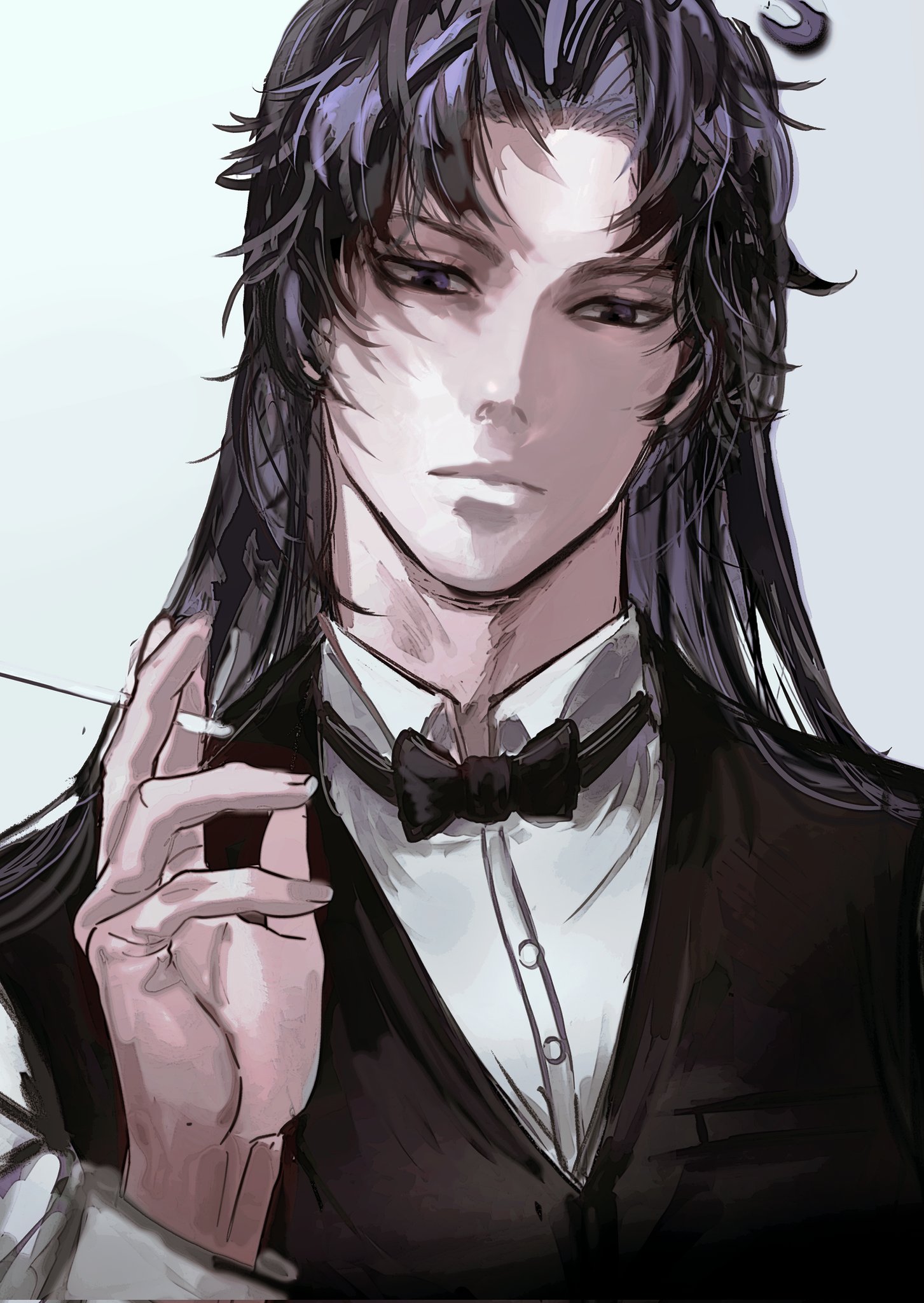 an anime illustration of a handsome young man with long black and purple hair, dressed in a dark suit with a white shirt and a black bow tie. he is holding a cigarette in his right hand, with a serious expression on his face, and looking at something offscreen. the background is a simple gray color.