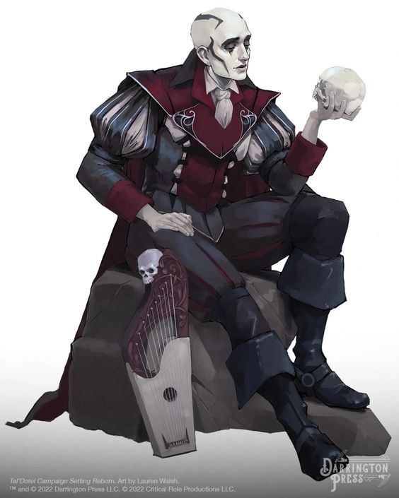 a paleskinned man with shaved head and dark eye makeup, dressed in a dark red and blue doublet and black breeches, sits upon a rock. he holds a skull in his left hand as he gazes melancholically at it. a lute rests beside him, leaning against the rock, and another skull adorns the base of the instrument.