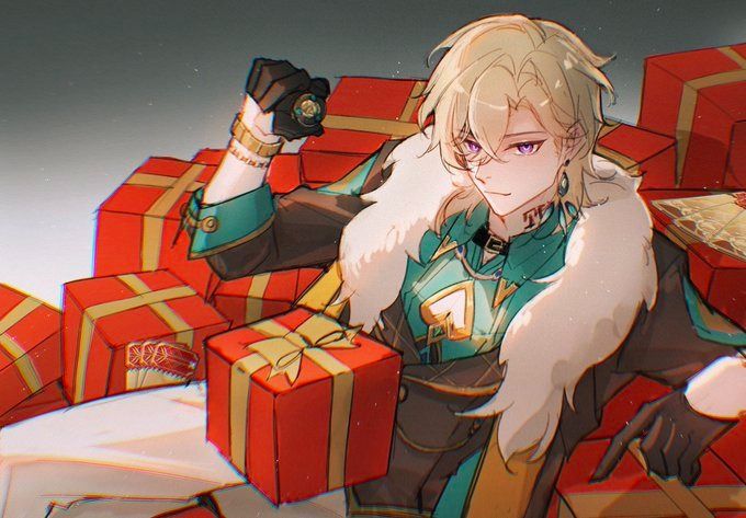 the image is a vibrant and detailed animestyle illustration featuring a young man with blonde hair and purple eyes. he's dressed in an elegant outfit with teal and gold accents, a large fur collar, and black gloves. he is surrounded by numerous red gift boxes, suggesting a christmas or holiday setting. the style is expressive, with a focus on detail in the character's clothing and expression, and the overall mood is cheerful and festive.  the art style strongly suggests it's fanart, possibly of a character from a video game such as genshin impact, given the character's design.