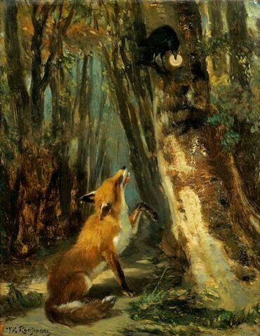 the oil painting depicts a red fox and a raven in a dimly lit forest setting. the fox sits upright on the forest floor, seemingly looking up and howling or yelping at a raven perched on a tree trunk. moonlight or a similar light source is visible behind the raven, illuminating part of the scene and creating a dramatic contrast between light and shadow in the dense forest. the artist's style suggests a realist or romantic approach to depicting animals in their natural habitat.  the painting has a storytelling quality, leaving the viewer to contemplate the interaction between the two animals. the artist's signature, "j.z. roelofs," is visible in the bottom left corner.