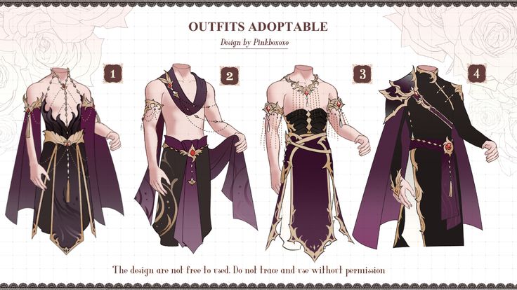this digital illustration features four male character outfits. each outfit is intricate and adorned with detailed black, purple, and gold accents. they all appear to be fantasy designs, hinting at a world filled with magic and grandeur. the image is a design for adoptable outfits, meaning that someone could purchase the rights to use the design. the caption below emphasizes that the designs are not free to use, underlining the ownership and copyright associated with them.