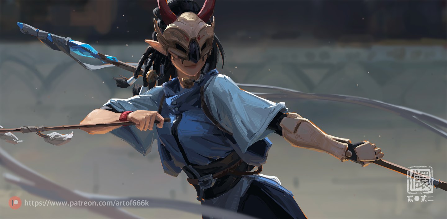 the image is a digital painting of a female fantasy warrior. she appears to be an elf, judging by her pointed ears, and is wearing a birdlike mask with horns.  she is dressed in a blue and grey outfit and wields two long spears or staffs. her pose is dynamic and suggests she is in the middle of a fierce battle or combat. the style of the art is painterly and loose, with a focus on capturing the movement and atmosphere rather than precise detail. the background is blurred and suggestive of an outdoor setting.  the overall impression is one of action and fantasy.