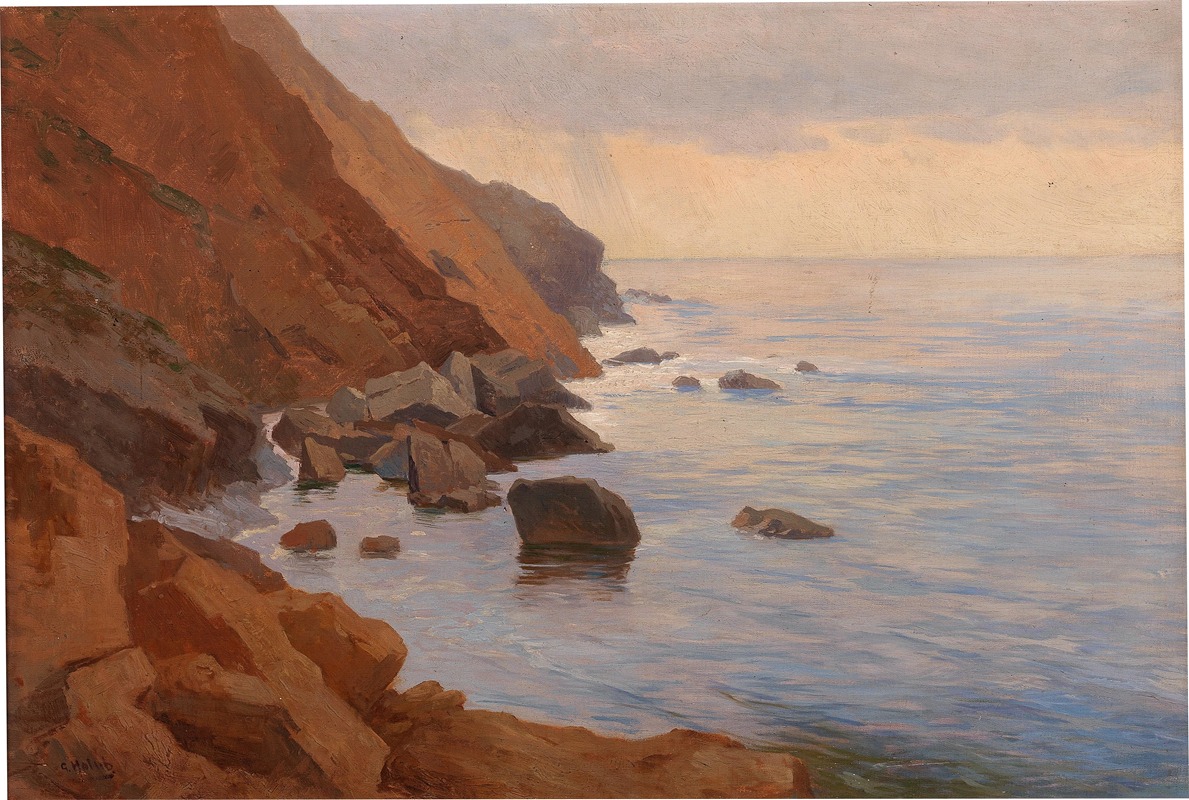 the image is a painting of a seascape. in the foreground, there are reddishbrown cliffs and rocks along the coastline. the cliffs slope down towards the ocean, and there are several large rocks scattered along the shore and in the water. the ocean stretches out towards the horizon, with gentle waves lapping against the shore. the sky is a soft blend of colors, suggesting either sunset or dawn, with clouds adding texture to the scene. the overall lighting is soft and warm, creating a tranquil atmosphere. the style is realistic and reminiscent of traditional landscape paintings. the signature "c. holsoe" is visible in the bottom left corner, indicating the artist.