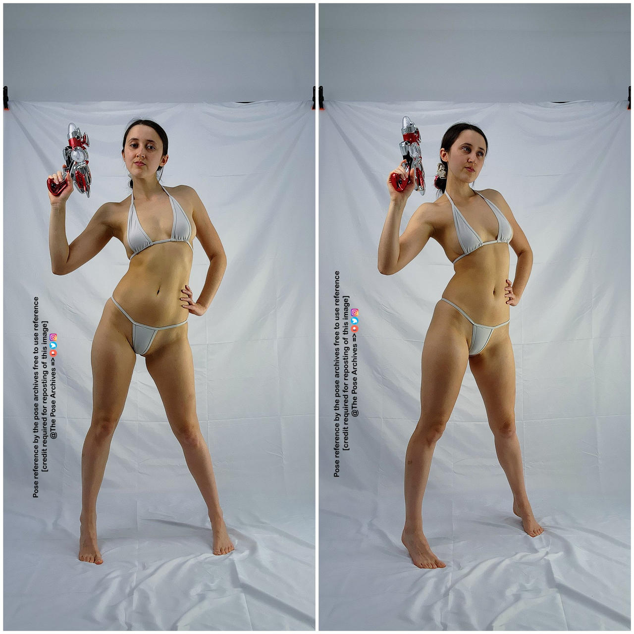 a young woman in a white bikini poses against a white backdrop. she holds a red and silver toy gun in her right hand, her left hand resting on her hip. her pose is confident and actionoriented. the image is welllit and provides a clear reference for artists.