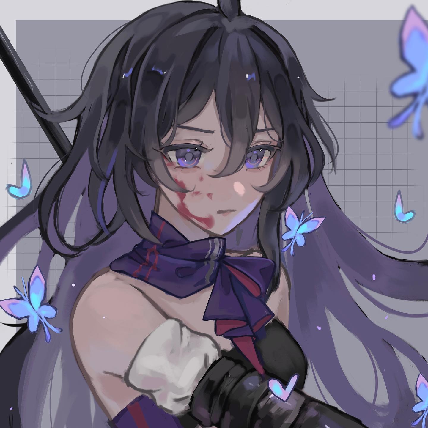 the image is a digital painting or illustration of an animestyle girl with long, dark purple hair. she appears to be injured, with visible bloodstains on her face. she's wearing a dark, somewhat gothicinspired outfit with purple accents and what seems to be a katana or sword partially visible behind her.  several light blue butterflies are scattered around her, adding to the slightly surreal and melancholic atmosphere. the background is a simple gray grid pattern.  her expression is serious and perhaps sad. the overall style leans towards the darker and more mysterious side of anime art.