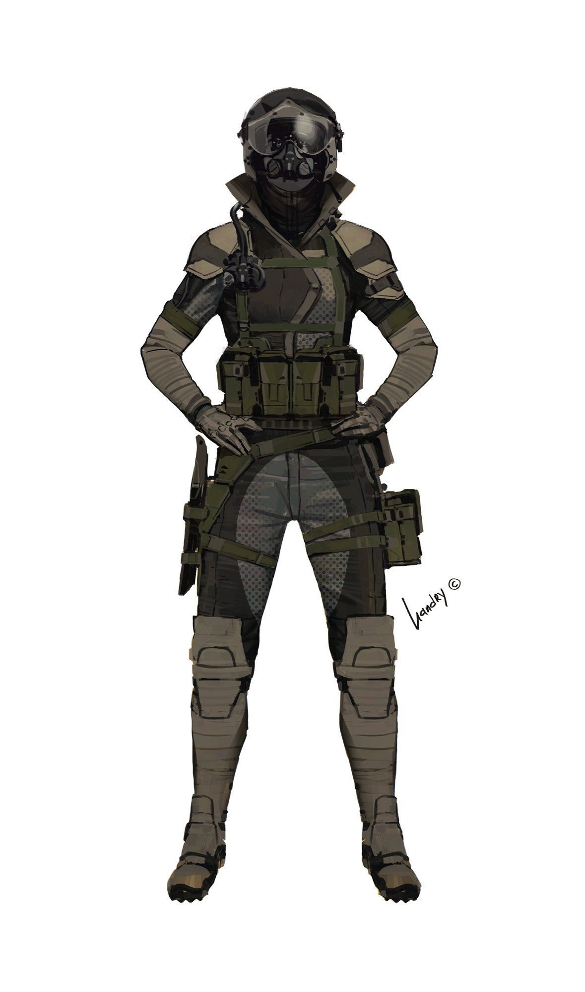 a soldier wearing a futuristic helmet, gas mask, and combat gear stands in a military pose. the soldier is armed with a weapon.