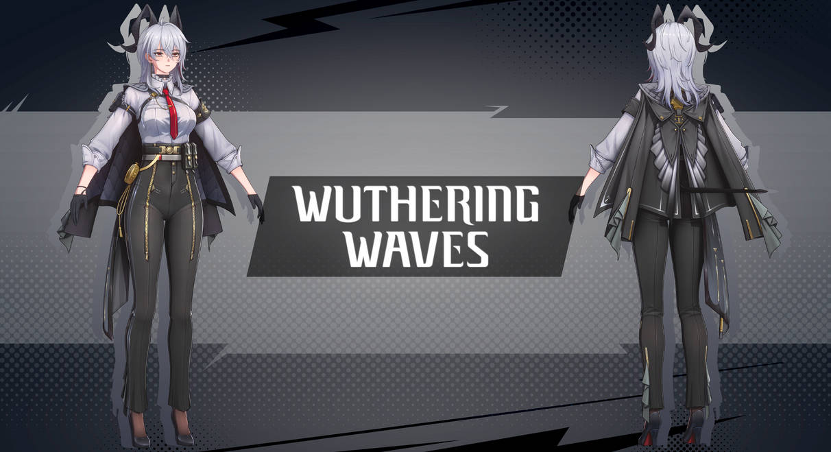 a character design sheet for an anime character with white hair and horns. she is wearing a white shirt with a red tie, black pants, a black cape, and heels. the words "wuthering waves" are displayed in the center. the character is shown in both front and back views.