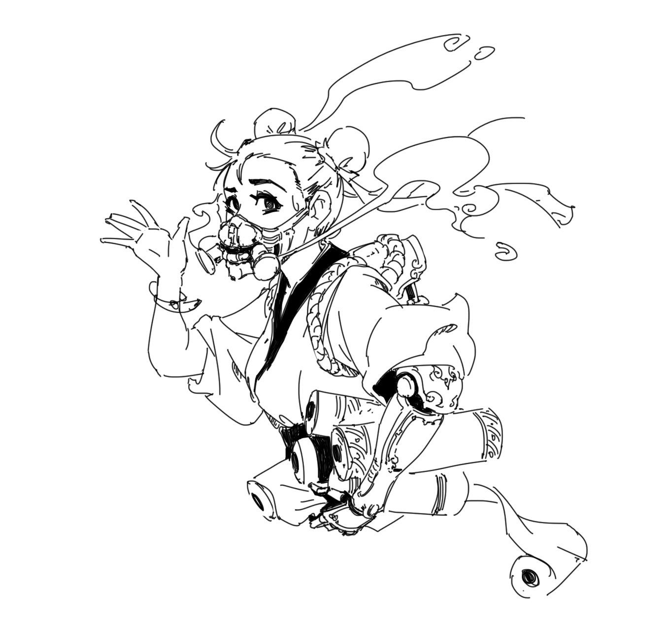 the image is a line art drawing of a stylized female anime or manga character. she appears to be a cyborg, featuring a robotic arm adorned with intricate details resembling traditional japanese patterns. she wears a garment reminiscent of a kimono, combined with futuristic elements. her face is partially obscured by a large mask, possibly a gas mask. the overall style is elegant and expressive, with flowing lines and detailed accessories like scrolls or papers. the background is minimal, letting the character stand out.  the artistic style is dynamic and somewhat whimsical.