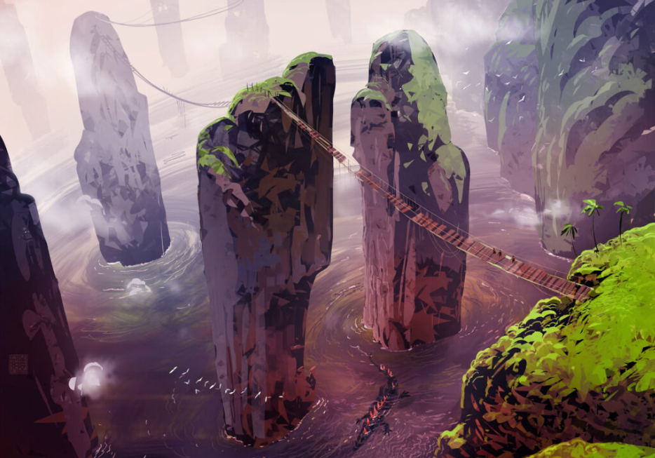the image showcases a fantasy landscape with towering, mosscovered rock formations emerging from a swirling body of water. a precarious rope bridge connects two of these peaks.  the scene is shrouded in mist, creating a sense of mystery and depth. a palette of muted greens, browns, and grays enhances the ethereal atmosphere.