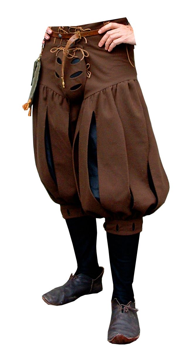 a person is shown wearing a costume that consists of brown puffy pants, black hose, and leather shoes. the pants are laced at the front and have a leather belt. the shoes are simple leather shoes.