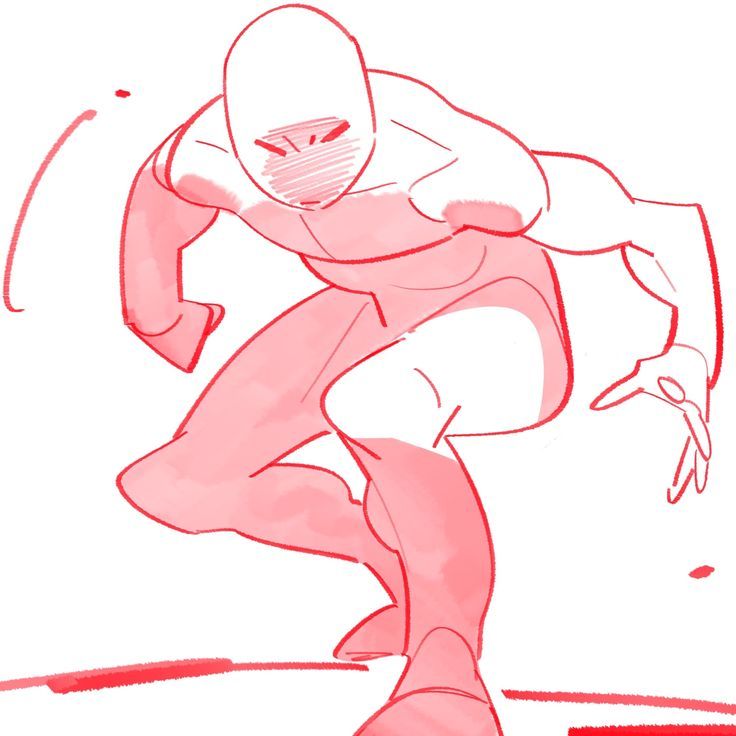 a digital illustration of a dynamic pose of a human figure rendered in red line art. the figure's right leg is bent, the left leg is straight, and the left arm is extended out to the side. the body is facing the right of the image. the drawing appears to have been created with digital painting software.