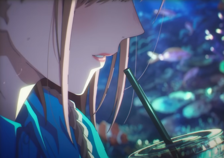 loseup profile view of an animestyle young woman with long blonde hair, drinking from a cup with a straw.  she's sitting in what appears to be an aquarium or ocean setting, with a blurry background of colorful fish and underwater scenery. the lighting is soft and creates a serene, peaceful atmosphere.  the overall style is vibrant and detailed, typical of modern anime animation.