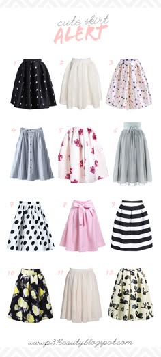 a collage of cute skirts,  with the words "cute skirt alert" at the top.  the skirts are in a variety of styles, including polka dots, floral prints, black and white stripes, and tulle. the skirts are arranged in a grid pattern.