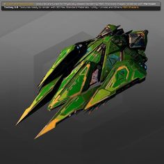 a green spaceship rendered on a gray background. the spaceship has an intricate hull with green and black accents. it's seen from its side, showcasing its design.