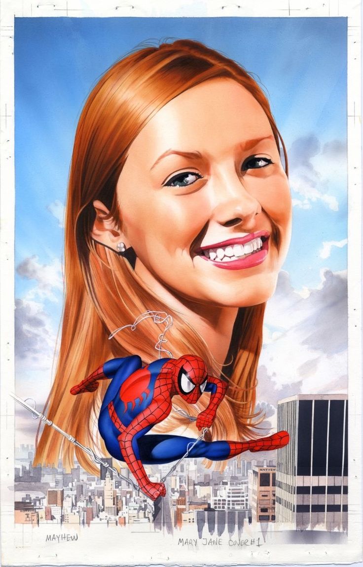 a painting of mary jane watson smiling with a happy expression. in the foreground, spiderman is hanging from a web line with his back to the camera. they are in front of the nyc skyline.