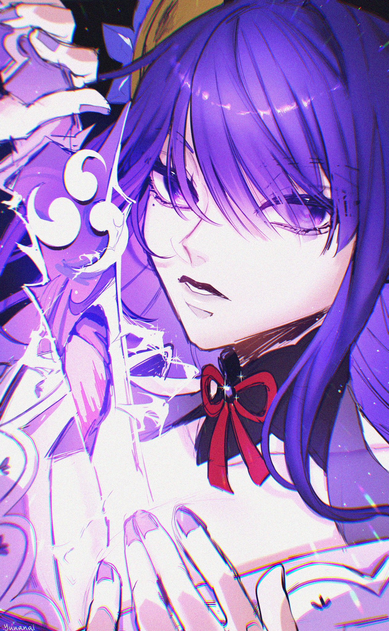 an anime girl with purple hair and a red bow is looking intensely at the viewer. she has a white dress and a white background. the image is a digital illustration.