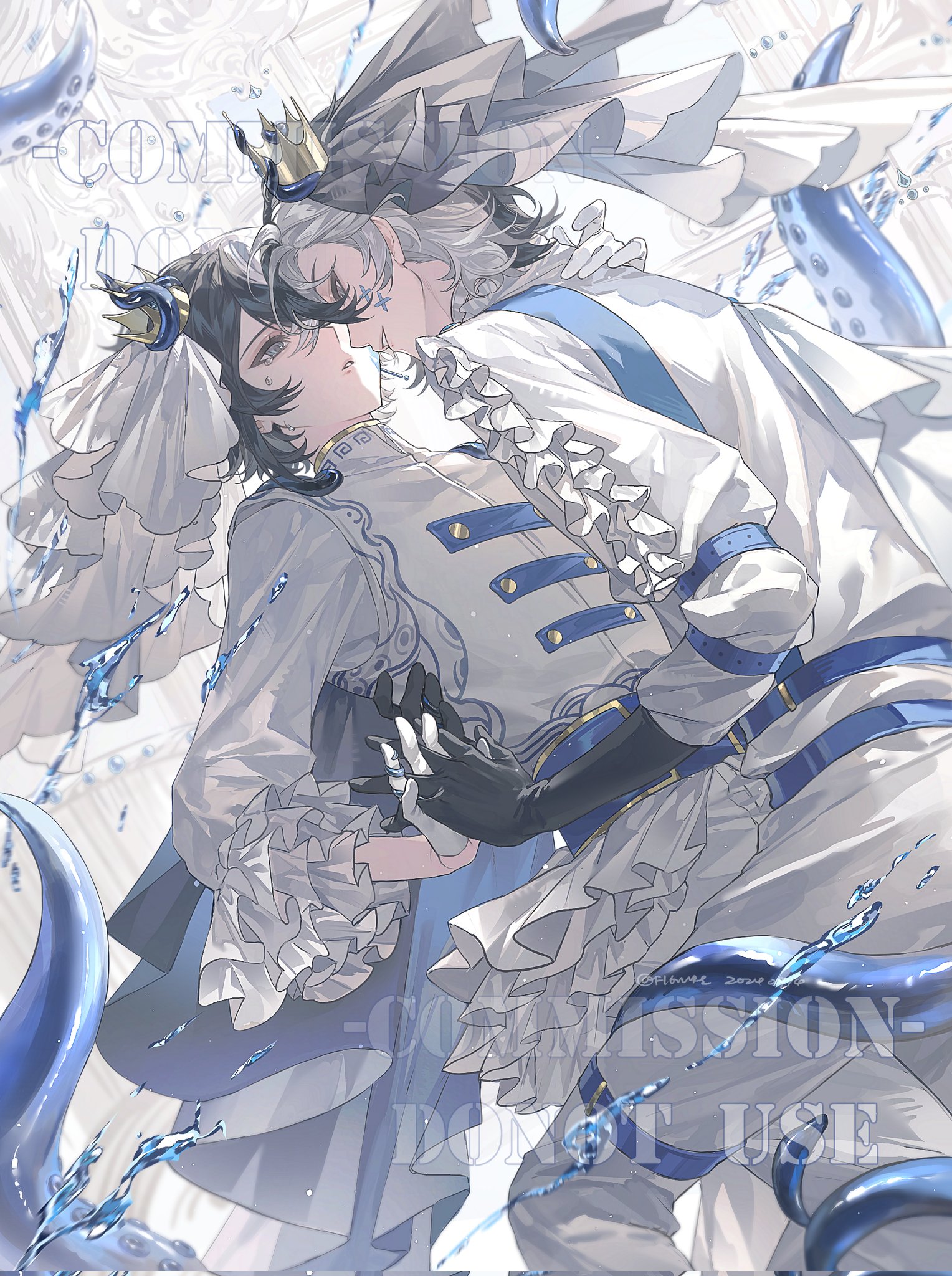 the image is a digital fanart illustration featuring two animestyle male characters in a romantic pose. one character has black hair and a small crown, while the other has white hair and a larger crown. they are both wearing white uniforms with blue accents and ruffled detailing. they are posed in a way that suggests they are kissing or about to kiss. in the background, there are large blue tentacles. the overall tone is soft and dreamy. the image also contains water droplet effects.
