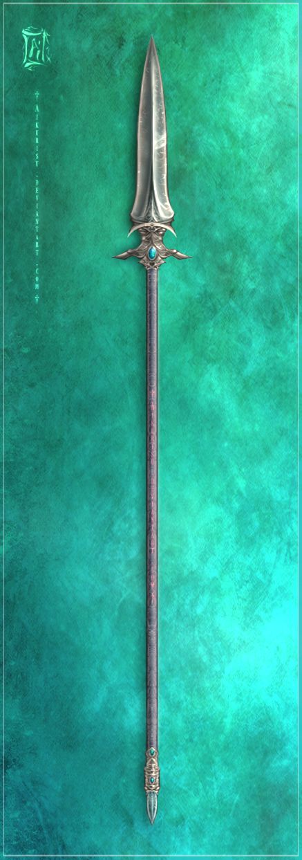 a highly detailed image of a spear with a silver blade, ornate gold accents, and a turquoise jewel. the spear shaft appears to be made of wood or metal with intricate patterns. the background is a textured teal color.