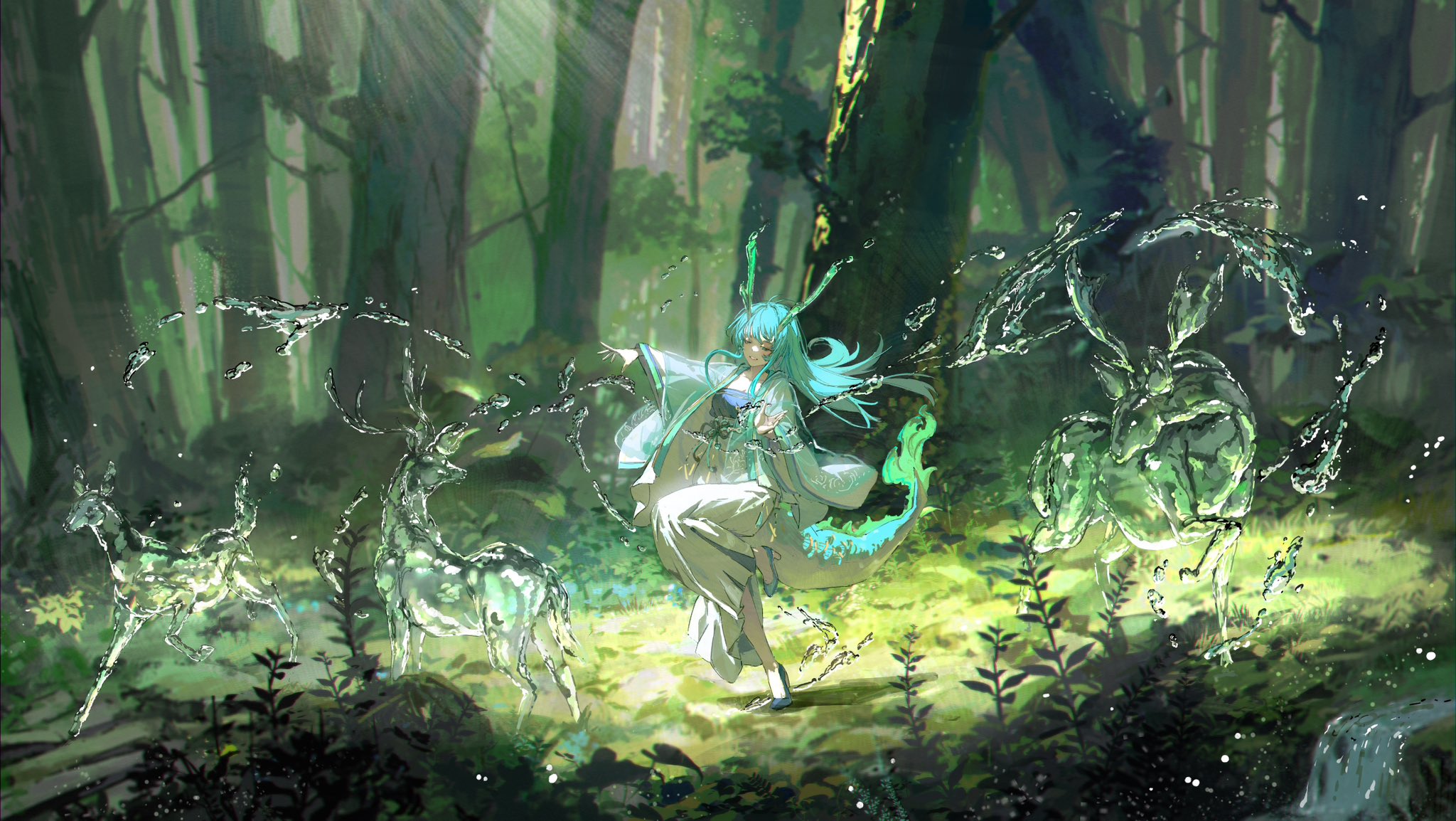 a woman with light green hair and a kimono stands in a forest surrounded by deer made of water. she has a glowing tail and her hands are outstretched. light shines through the trees in the background.