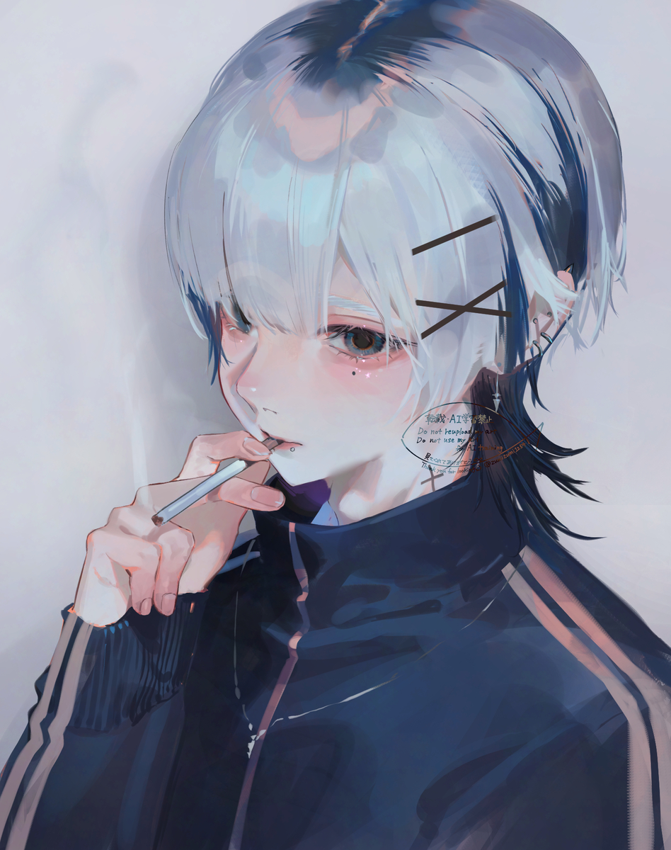 a digital art anime style image of a slender, paleskinned boy with white hair and dark blue streaks. he has hair clips in an "x" shape on the side of his head and visible piercings in his ear. he is smoking a cigarette, holding it in his hand and close to his lips. he wears a dark blue track jacket with lighter stripes on the sleeves. a small neck tattoo is visible. the background is a simple offwhite color.