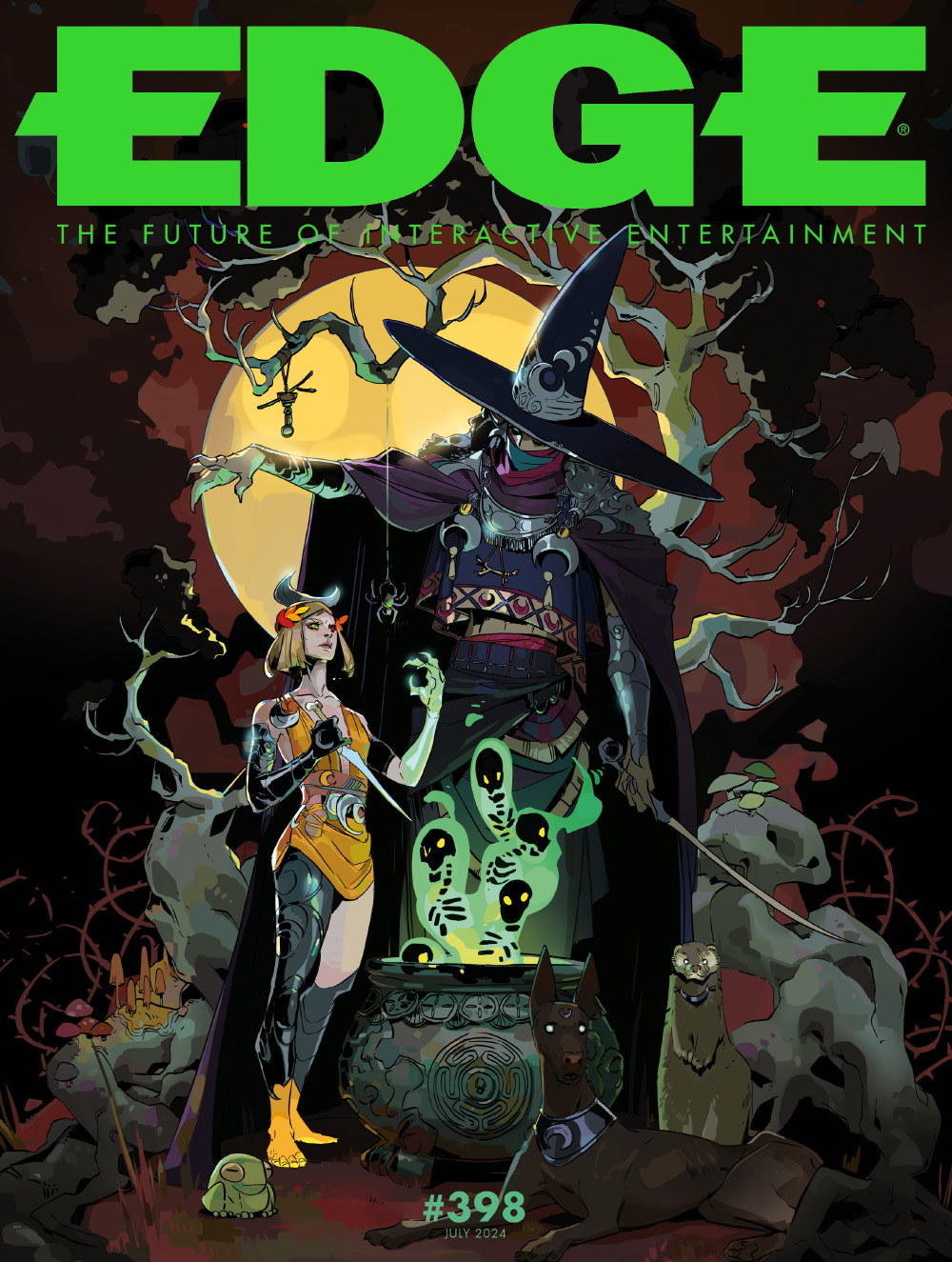 this is a magazine cover for edge magazine, a publication about video games and interactive entertainment. the cover features a fantasy illustration of a witch with a widebrimmed hat and a purple cloak, standing over a bubbling cauldron in a dark forest at night. the witch is holding a staff and has a glowing green skull in each hand. there are a few glowing skeletons in the background as well. the witch appears to be casting a spell, and there is a dog,  presumably their familiar, watching nearby.  the magazine is labeled #398 and the year 2024.