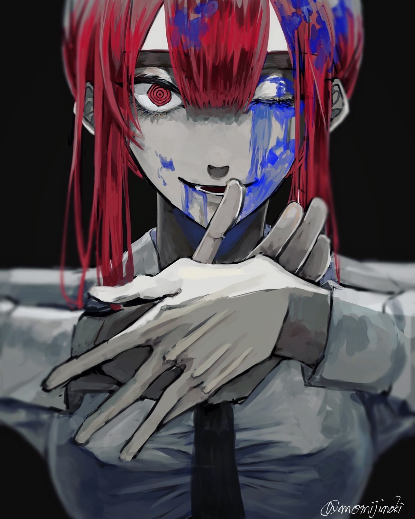 the image is a dark, mysterious illustration of an anime girl. she has red hair, a white shirt with a black tie, and is covered in blue paint. her expression is creepy and her hands are positioned in a threatening manner. the overall atmosphere of the image is dark and unsettling.