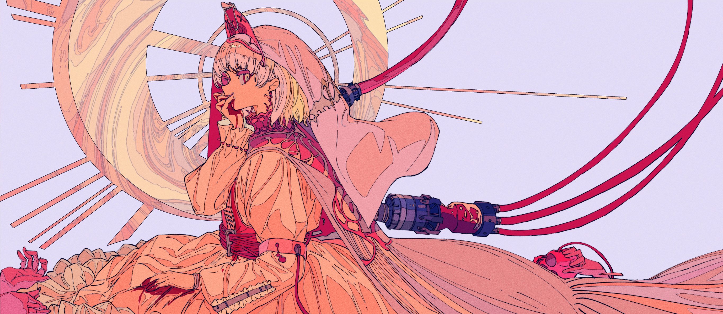the image is a digital illustration of a young woman in a flowing, ornate dress.  the style is reminiscent of anime, but with a unique blend of fantasy and scifi elements.  she appears to be partially mechanical, with red tubes and machinery integrated into her clothing and possibly her body.  her dress is a pale peach color with frills and ruffles, contrasting with the darker red of the mechanical elements. she's positioned near a large, golden clocklike structure with radiating lines, adding to the surreal and slightly mysterious atmosphere. the color palette is soft and pastel, with shades of pink, orange, and red dominating the scene. the overall effect is an elegant but unusual depiction of a woman who seems both powerful and fragile.